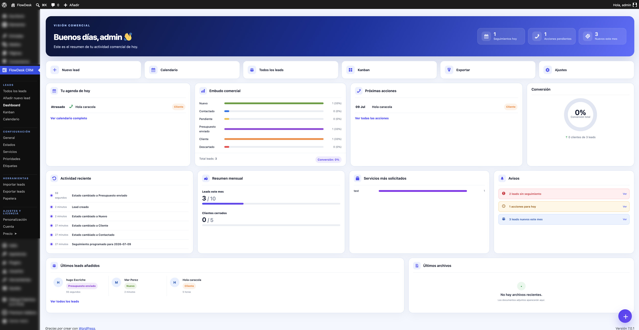 Dashboard de FlowDesk CRM