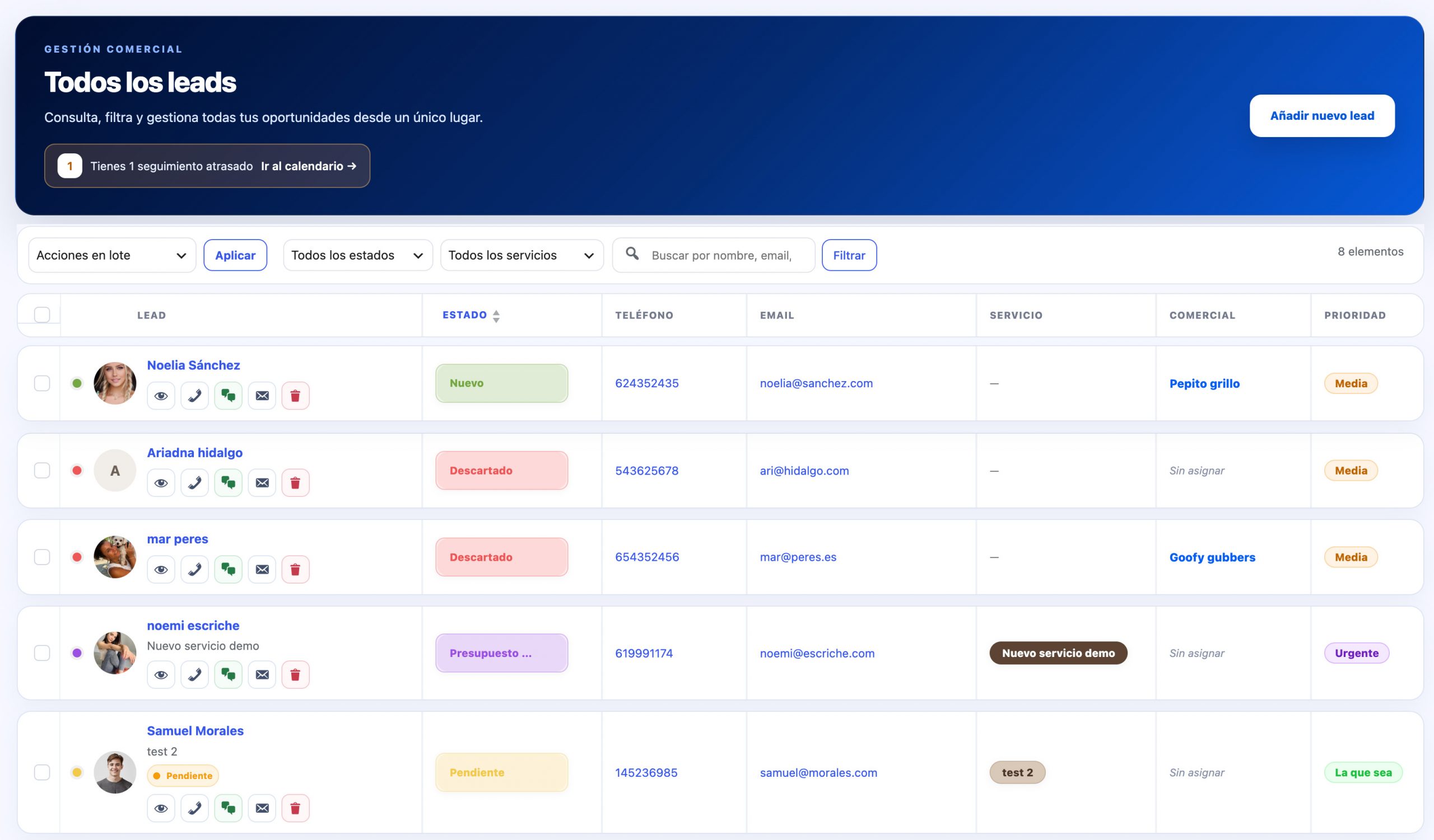 Listado de oportunidades y leads de FlowDesk CRM